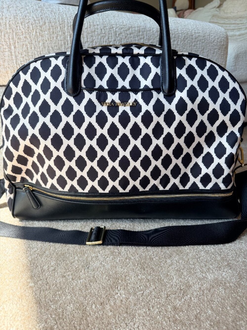 Vera Bradley Trimmed Weekender Travel Bag Black & White Ikat Spots